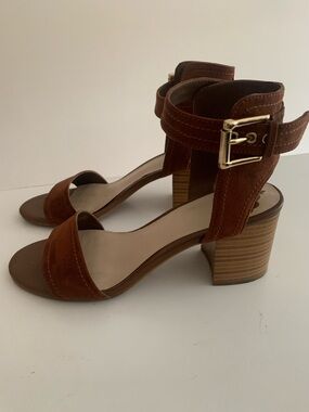 Fergalicious Chestnut Suede Block Heel Sandals with Gold Buckle